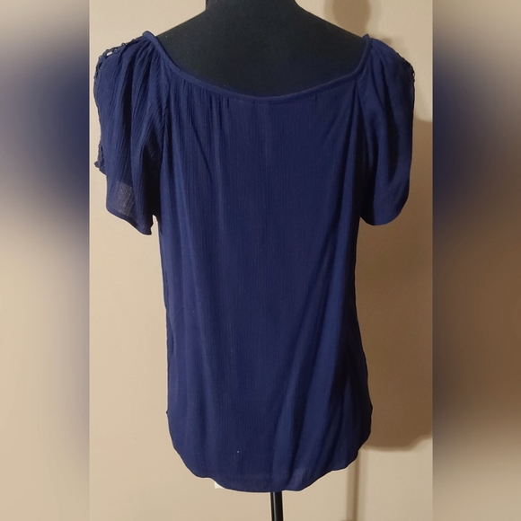 Vintage Navy Blouse with Cap Sleeves, Lace Trim, Size Medium by Red Camel - Picture 2 of 7